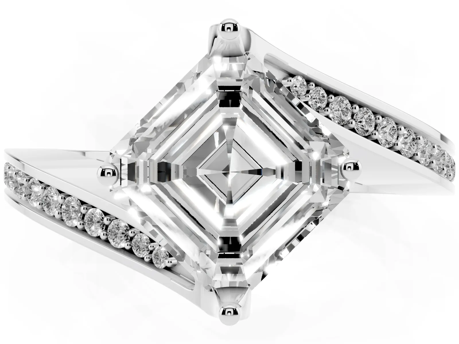 Asscher Cut Solitaire Diamond Twist Band with Pavé Setting and Four-Prong Setting Platinum