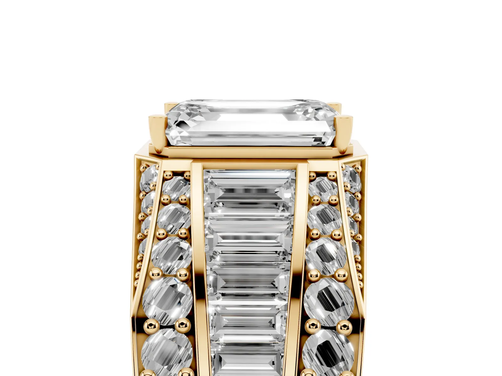 Emerald Cut Diamond Mens Ring with Baguette Side Stones Yellow gold