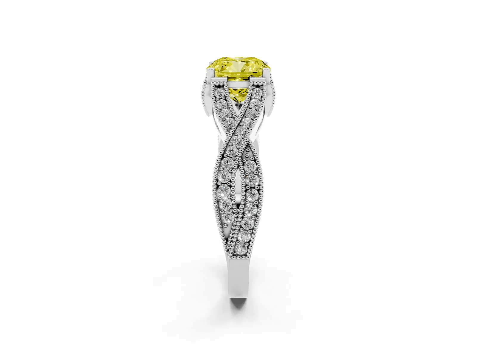 Fancy Yellow Cushion Cut Cut Diamond Twisted Band with Milgrain Pave Setting and Four-Prong Setting Platinum