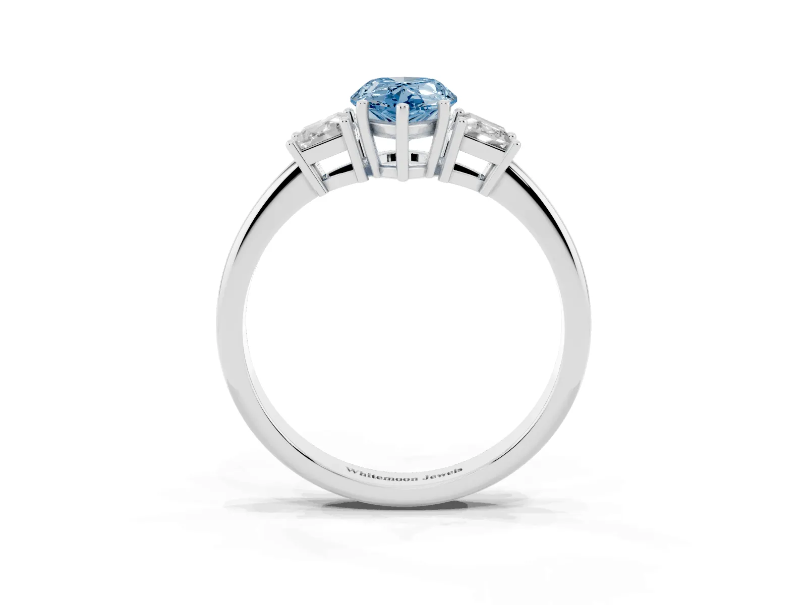 Fancy Blue Pear Cut Diamond Three-Stone Ring with Trapezoid Side Stones and Prong Setting Platinum
