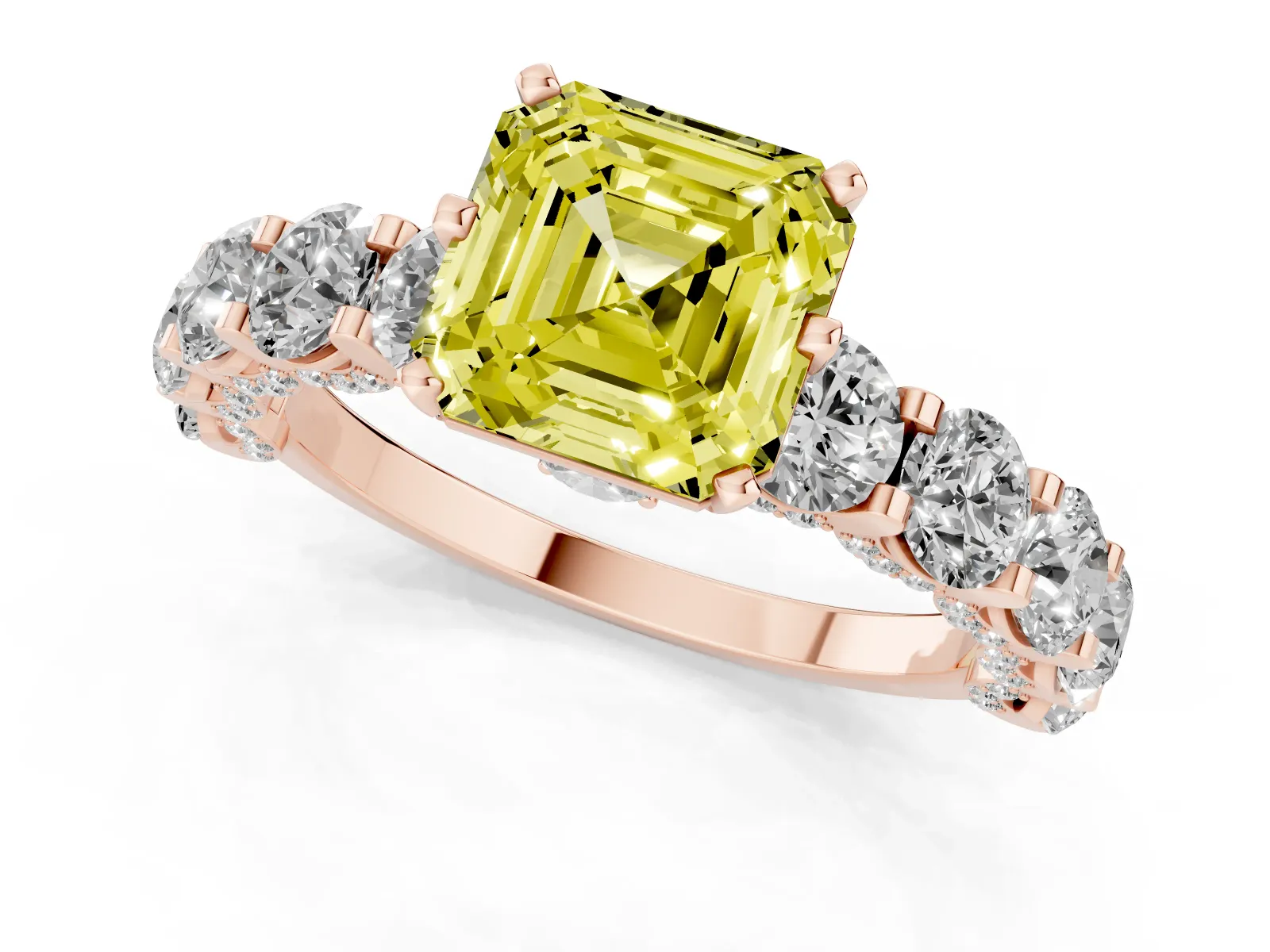 Fancy Yellow Asscher Cut Diamond Side Stone Engagement Ring with Four-Prong Setting Rose gold