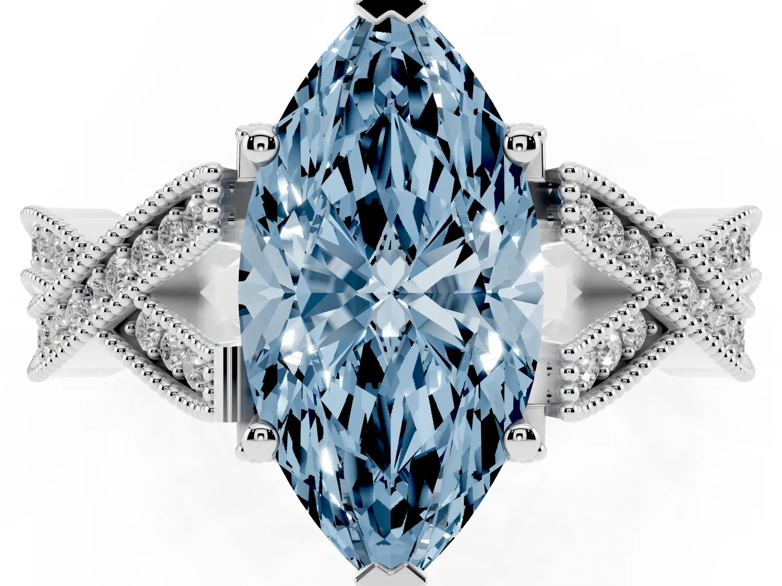 Fancy Blue Marquise Cut Cut Diamond Twisted Band with Milgrain Pave Setting and Four-Prong Setting Platinum