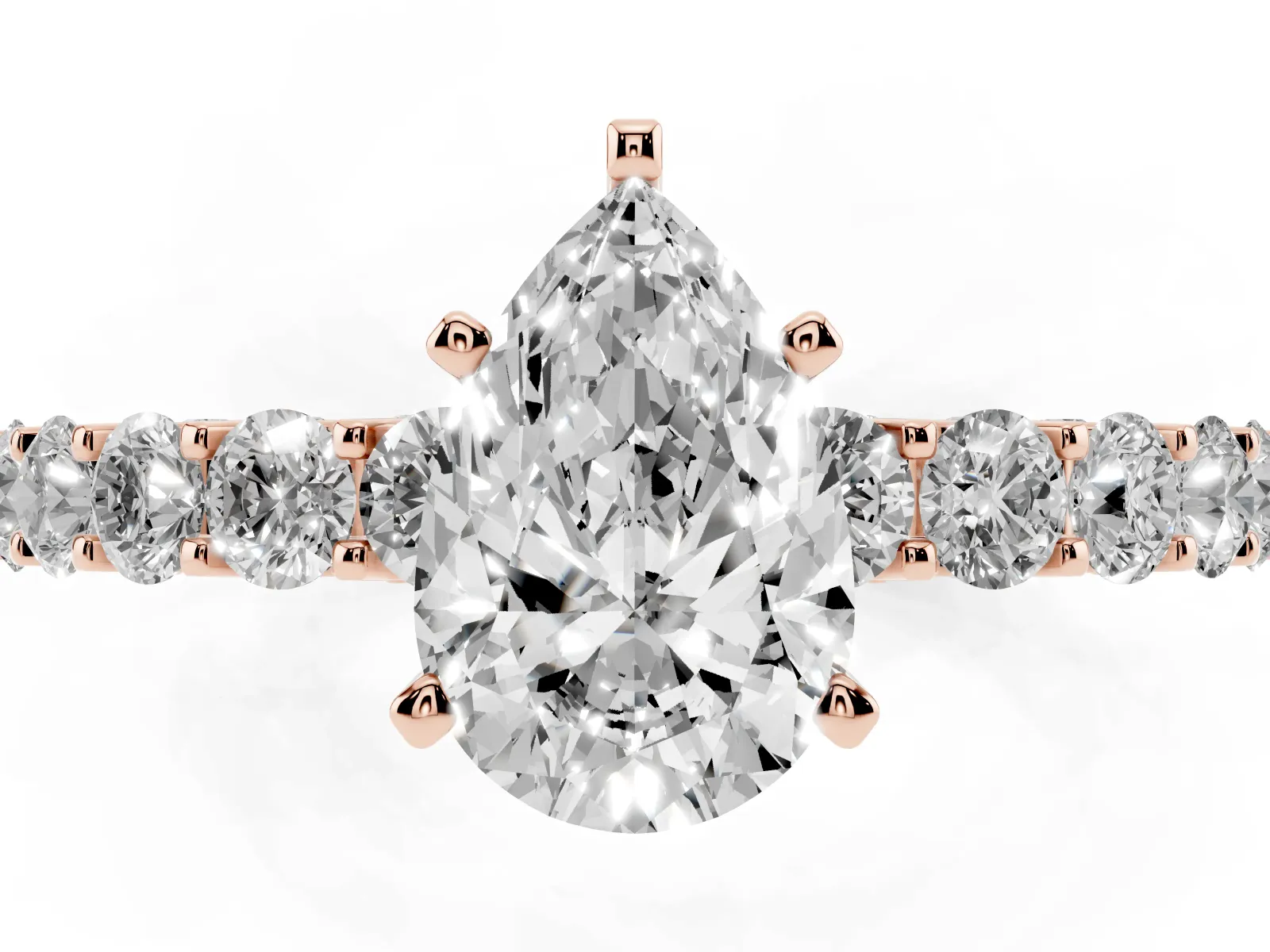 Pear Cut Diamond Solitaire Ring with Shared Prong Pavé Band and Four-Prong Setting Rose gold