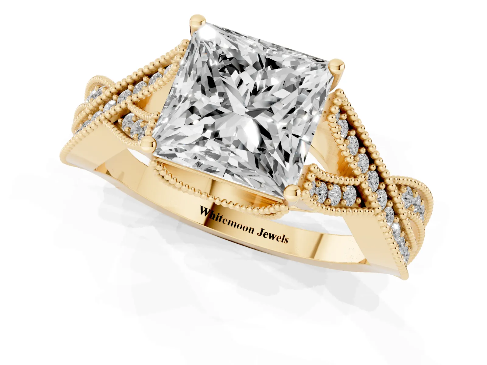 Princess Cut Cut Diamond Twisted Band with Milgrain Pave Setting and Four-Prong Setting Yellow gold