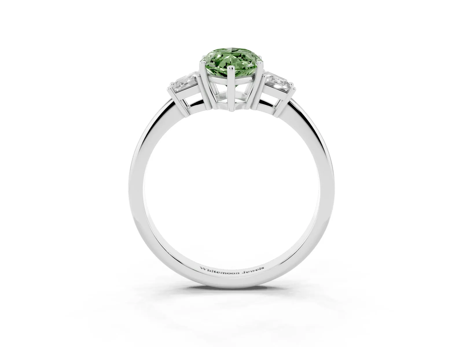 Fancy Green Marquise Cut Diamond Three-Stone Ring with Trapezoid Side Stones and Prong Setting Platinum