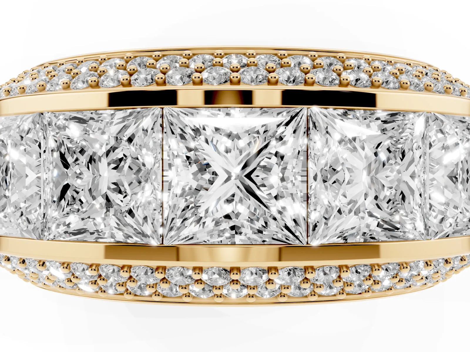 Princess Diamond Pavé Mens Wedding Band with Round Diamond Accents Yellow gold