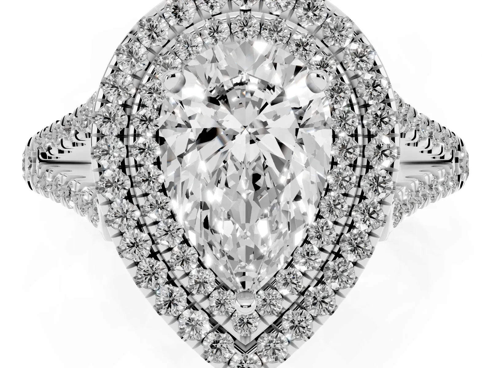 Pear Cut Diamond Double Halo Ring with Pavé Band and Prong Setting Platinum