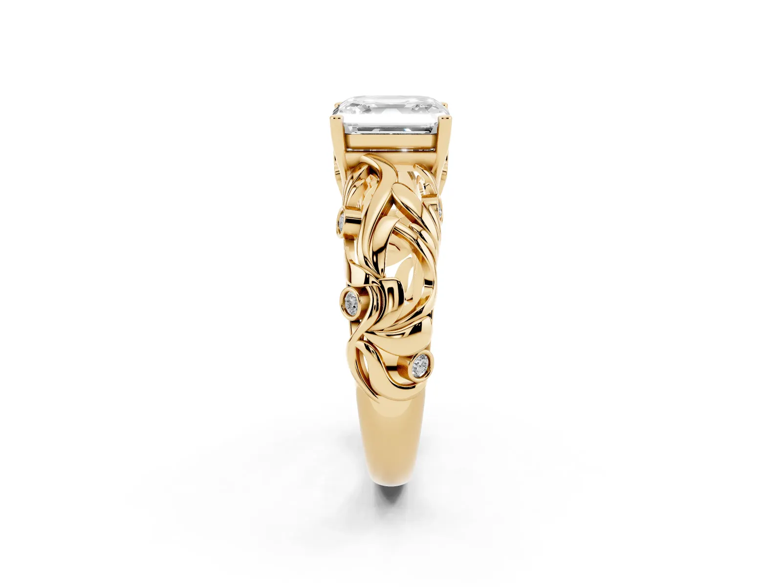 Asscher Cut Solitaire Diamond Leaf-Inspired Vine Band Ring with Prong Setting Yellow gold