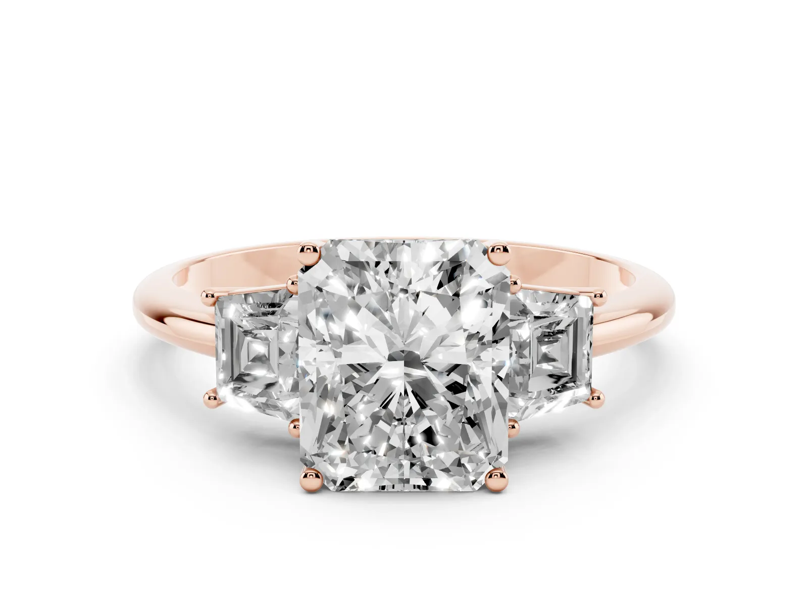Radiant Cut Diamond Three-Stone Ring with Trapezoid Side Stones and Prong Setting Rose gold