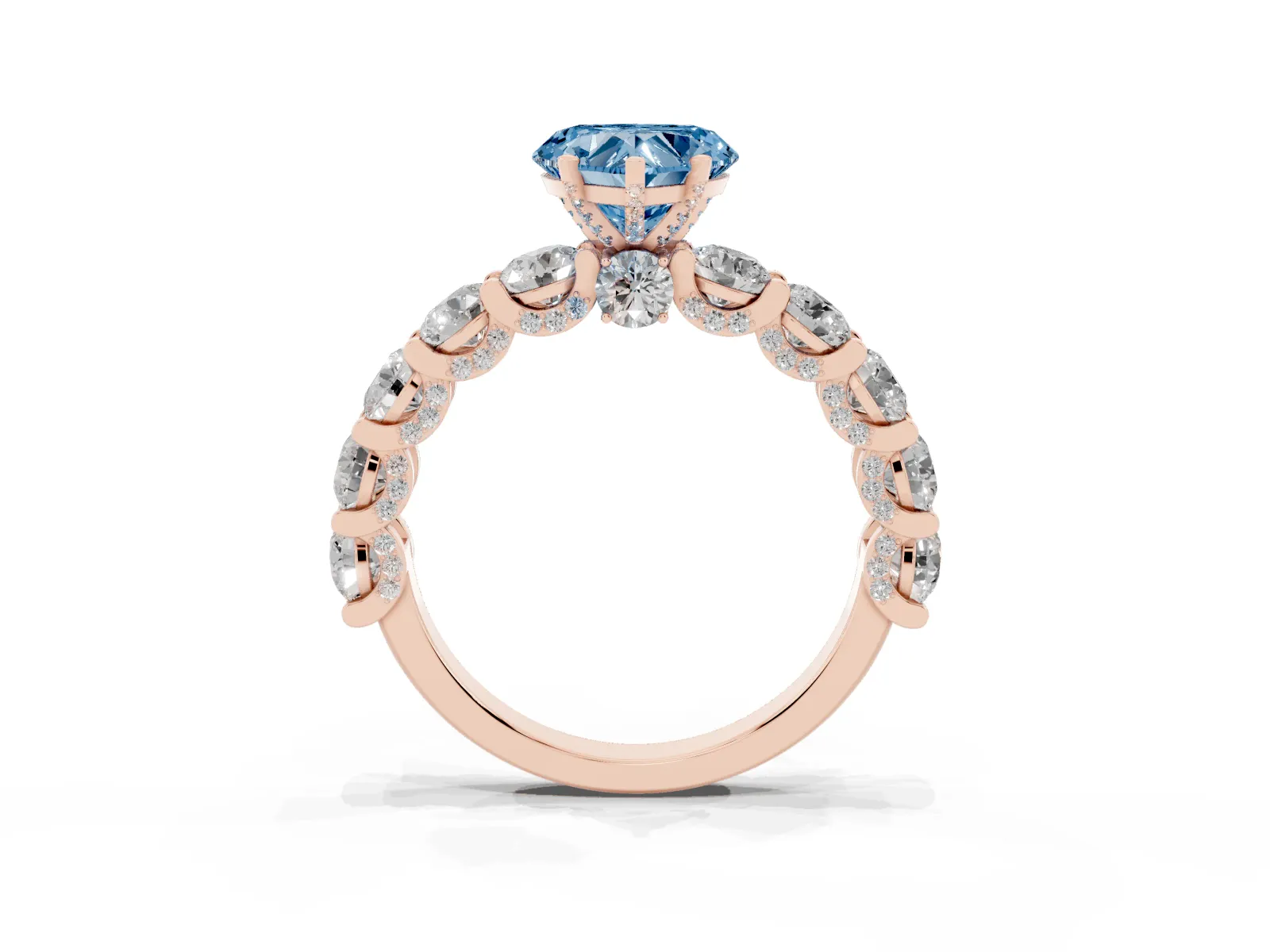 Fancy Blue Heart Cut Diamond Side Stone Engagement Ring with Four-Prong Setting Rose gold