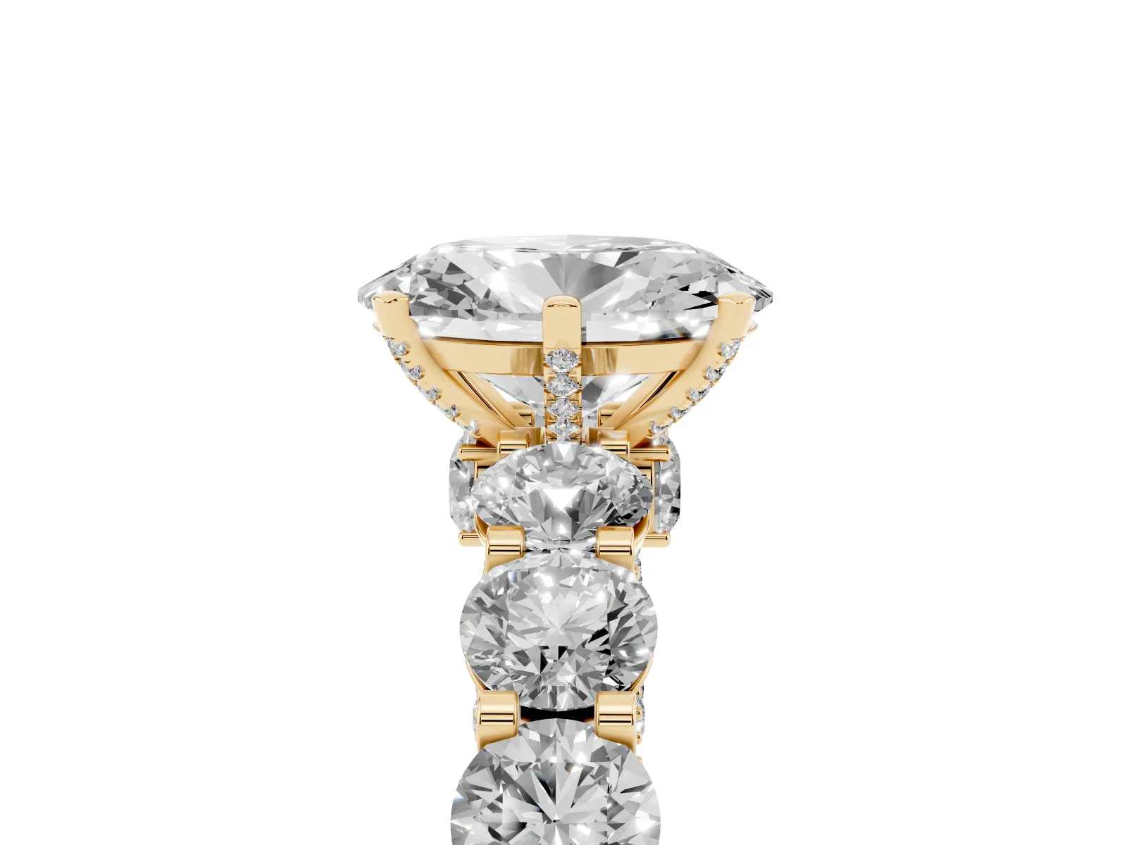 Oval Cut Diamond Side Stone Engagement Ring with Four-Prong Setting Yellow gold