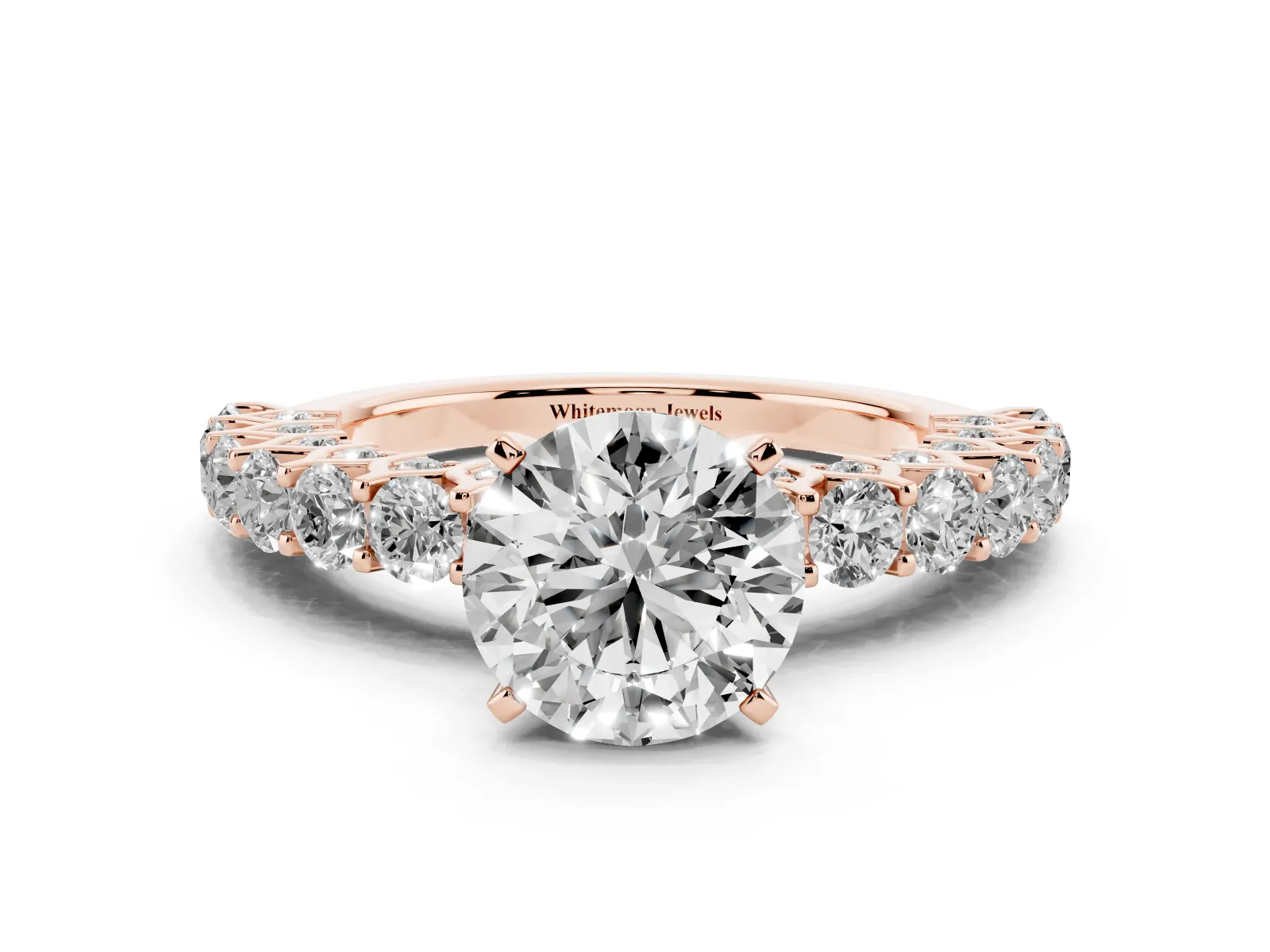 Round Cut Diamond Solitaire Ring with Shared Prong Pavé Band and Four-Prong Setting Rose gold