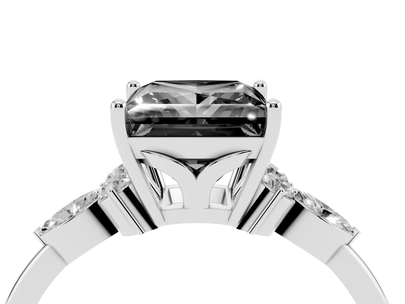 Fancy Black Princess Cut Brilliant Diamond Solitaire Ring with Pear Side Stones and Four-Prong Setting Platinum