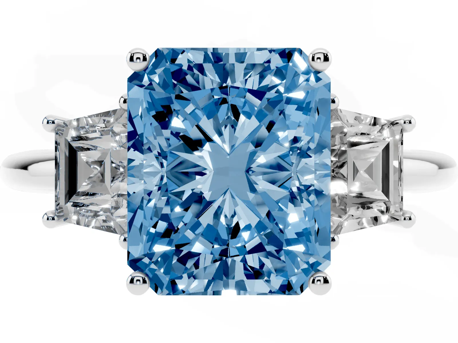 Fancy Blue Radiant Cut Diamond Three-Stone Ring with Trapezoid Side Stones and Prong Setting Platinum