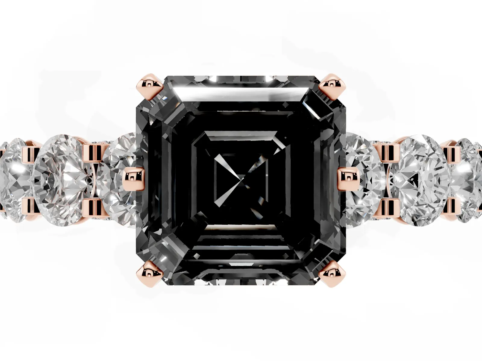 Fancy Black Asscher Cut Diamond Side Stone Engagement Ring with Four-Prong Setting Rose gold