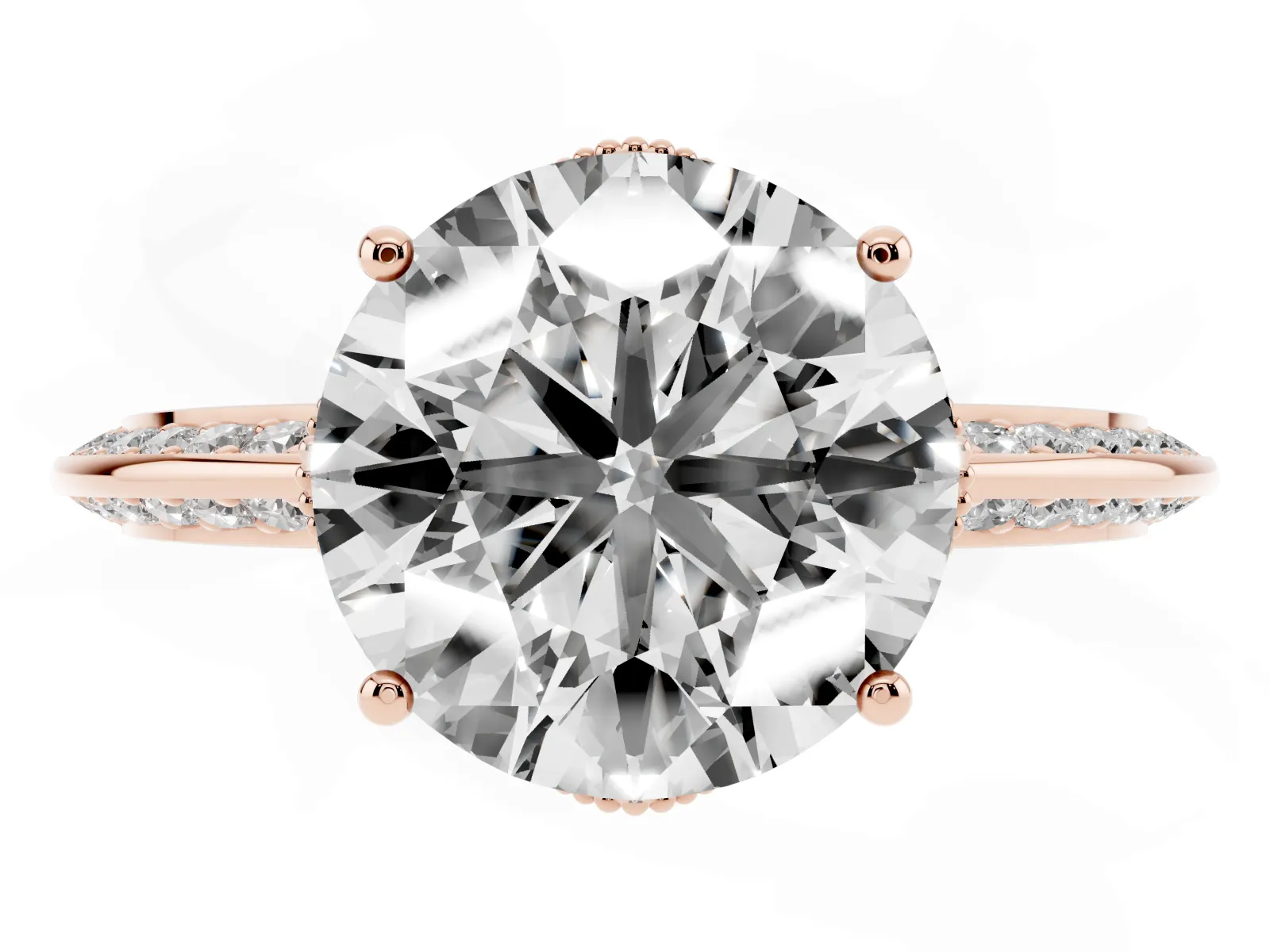 Round Cut Solitaire Split Shank Pave Diamond Engagement Ring with Four-Prong Setting Rose gold
