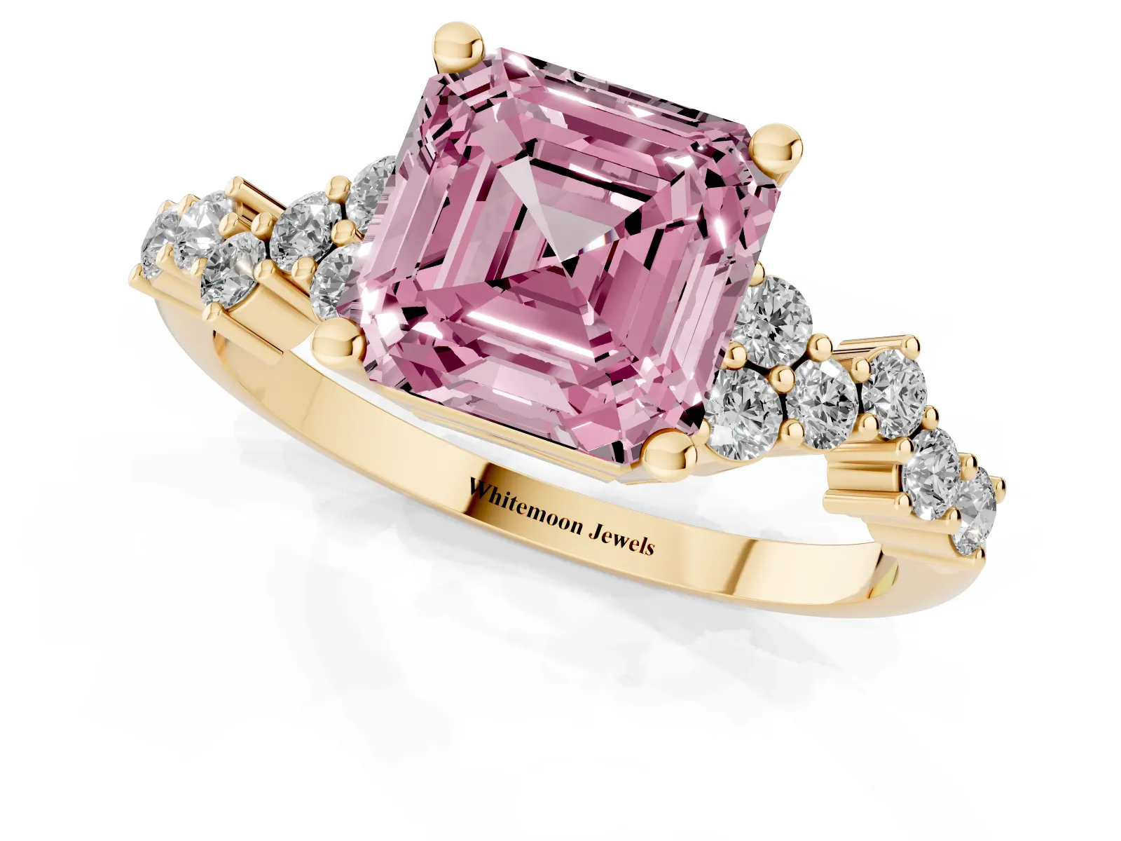 Fancy Pink Asscher Cut Diamond Scattered Round Accent Ring with Prong Setting Yellow gold