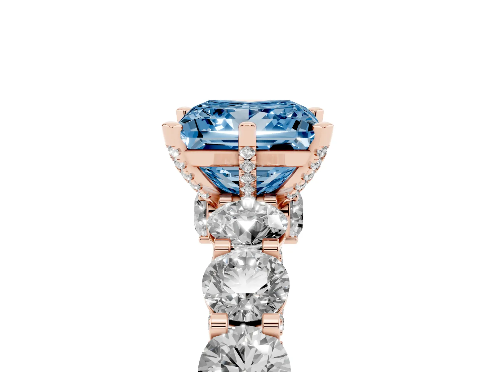 Fancy Blue Princess Cut Diamond Side Stone Engagement Ring with Four-Prong Setting Rose gold