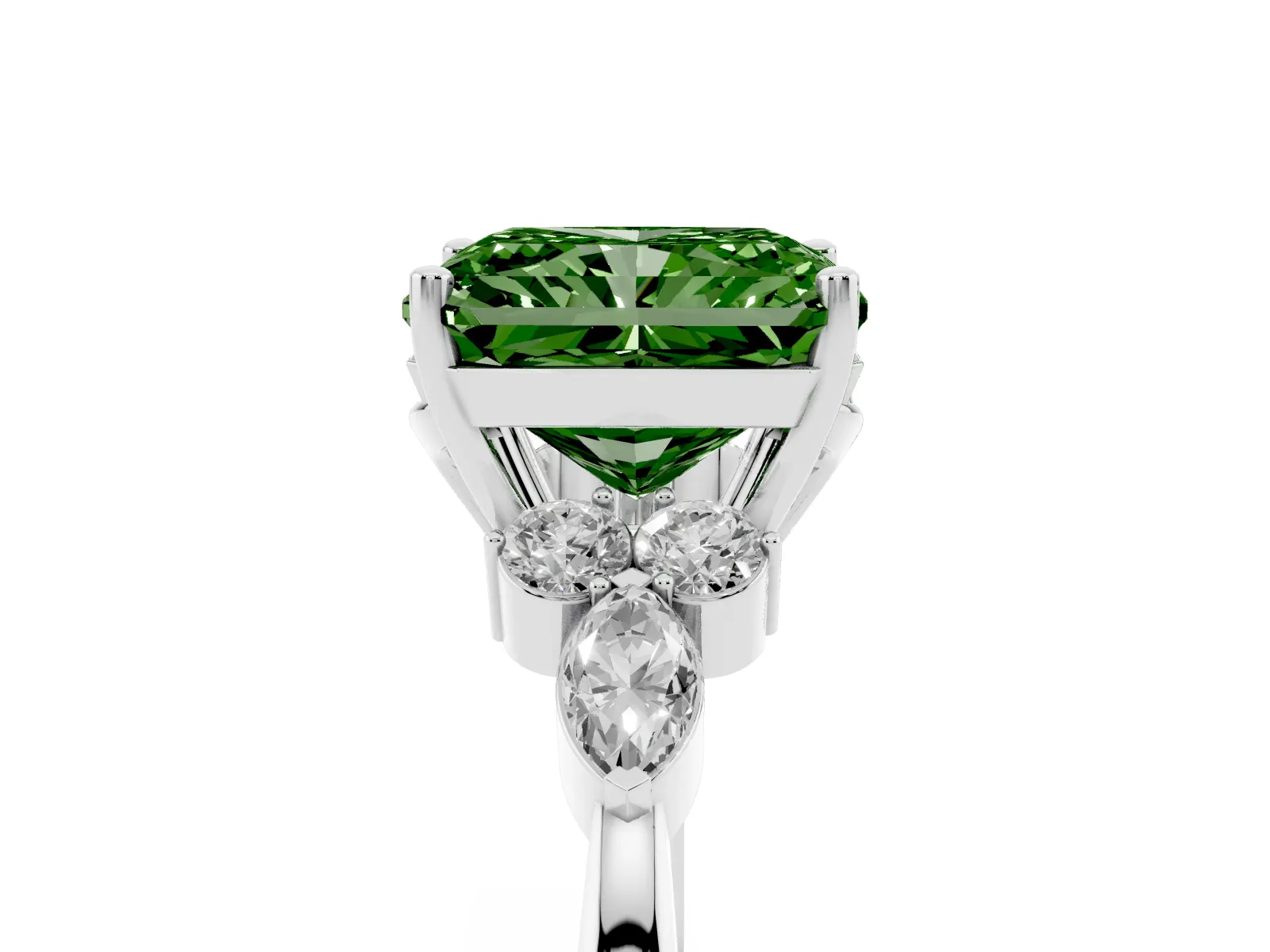 Fancy Green Radiant Cut Brilliant Diamond Solitaire Ring with Pear Side Stones and Four-Prong Setting White gold