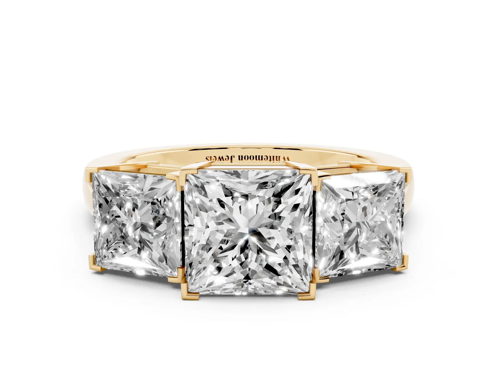 Three-Stone Princess Cut Cut Diamond Ring with Channel Set Band and Four-Prong Setting Yellow gold