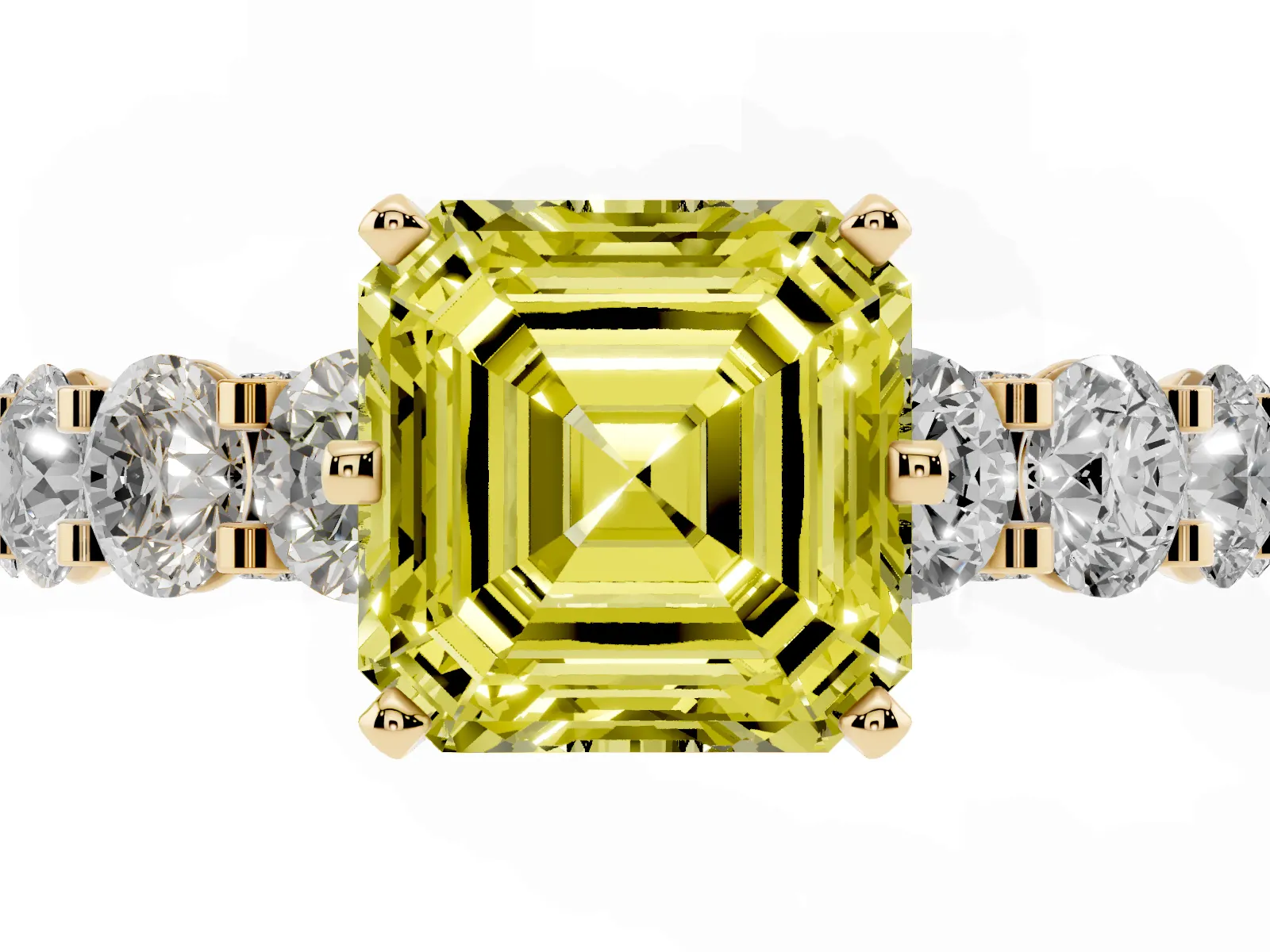 Fancy Yellow Asscher Cut Diamond Side Stone Engagement Ring with Four-Prong Setting Yellow gold
