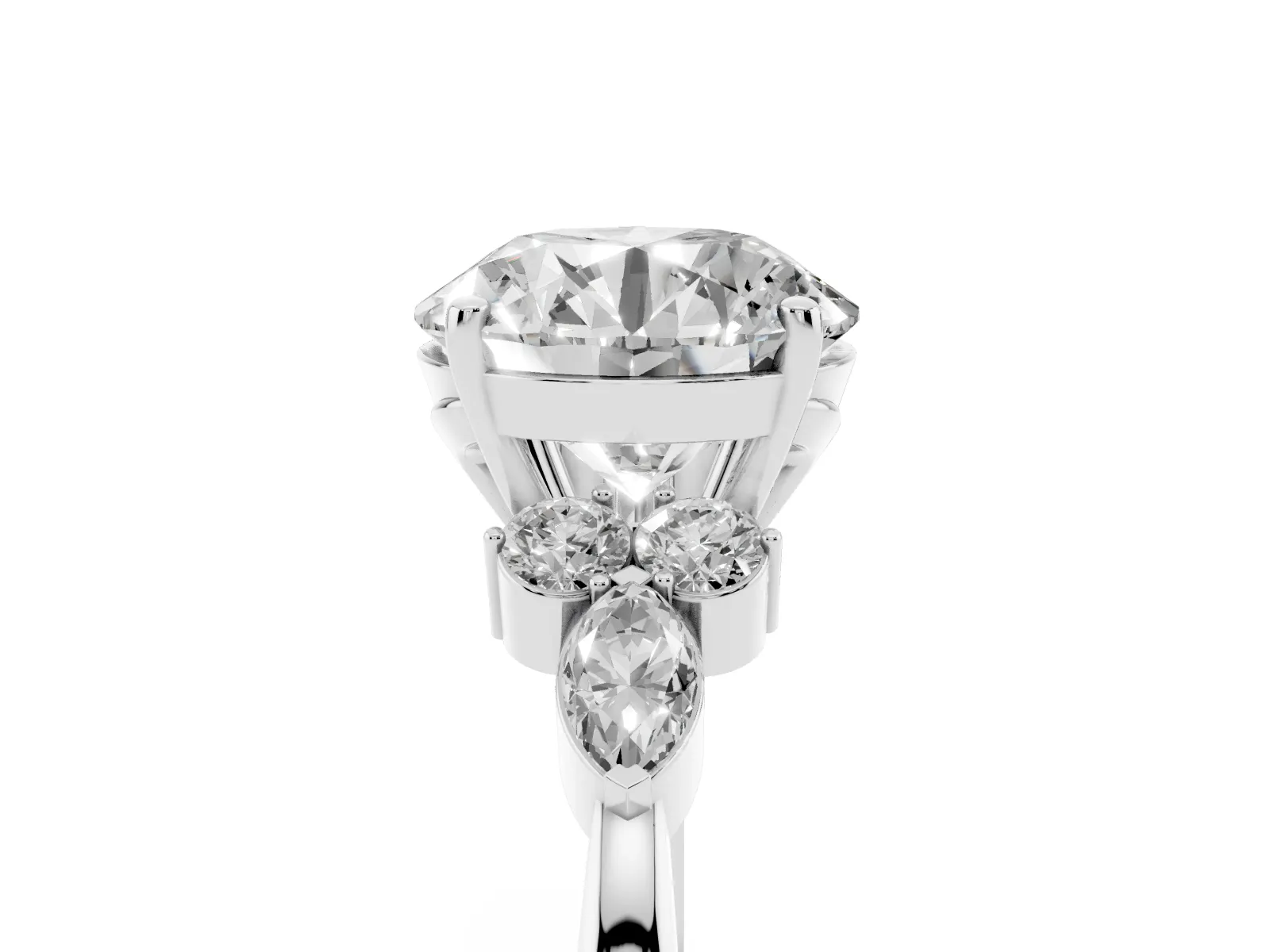 Round Cut Brilliant Diamond Solitaire Ring with Pear Side Stones and Four-Prong Setting Platinum