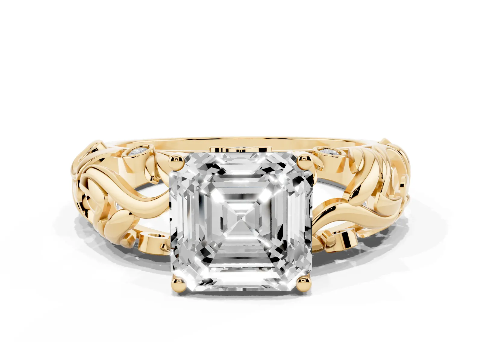 Asscher Cut Solitaire Diamond Leaf-Inspired Vine Band Ring with Prong Setting Yellow gold