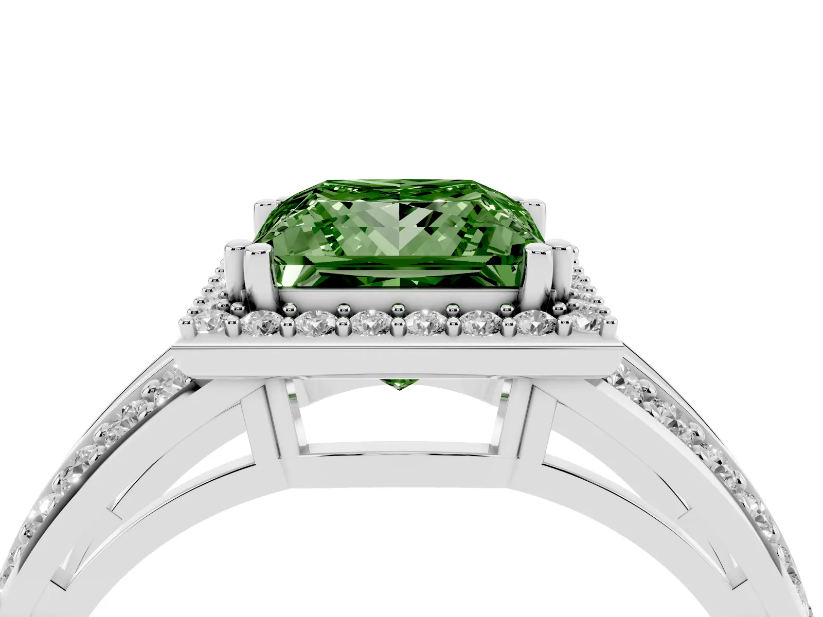 Fancy Green Princess Cut Diamond Halo Ring with Split Shank Pavé Band and Four-Prong Setting Platinum