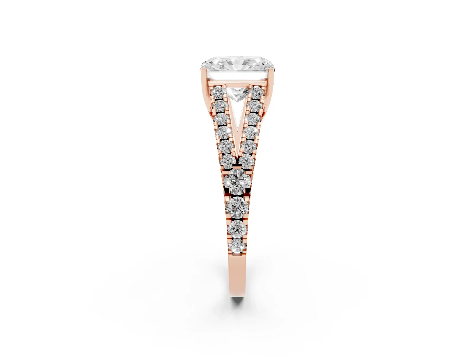 Radiant Cut Diamond Split Shank Engagement Ring with Round Pavé and Prong Setting Rose gold
