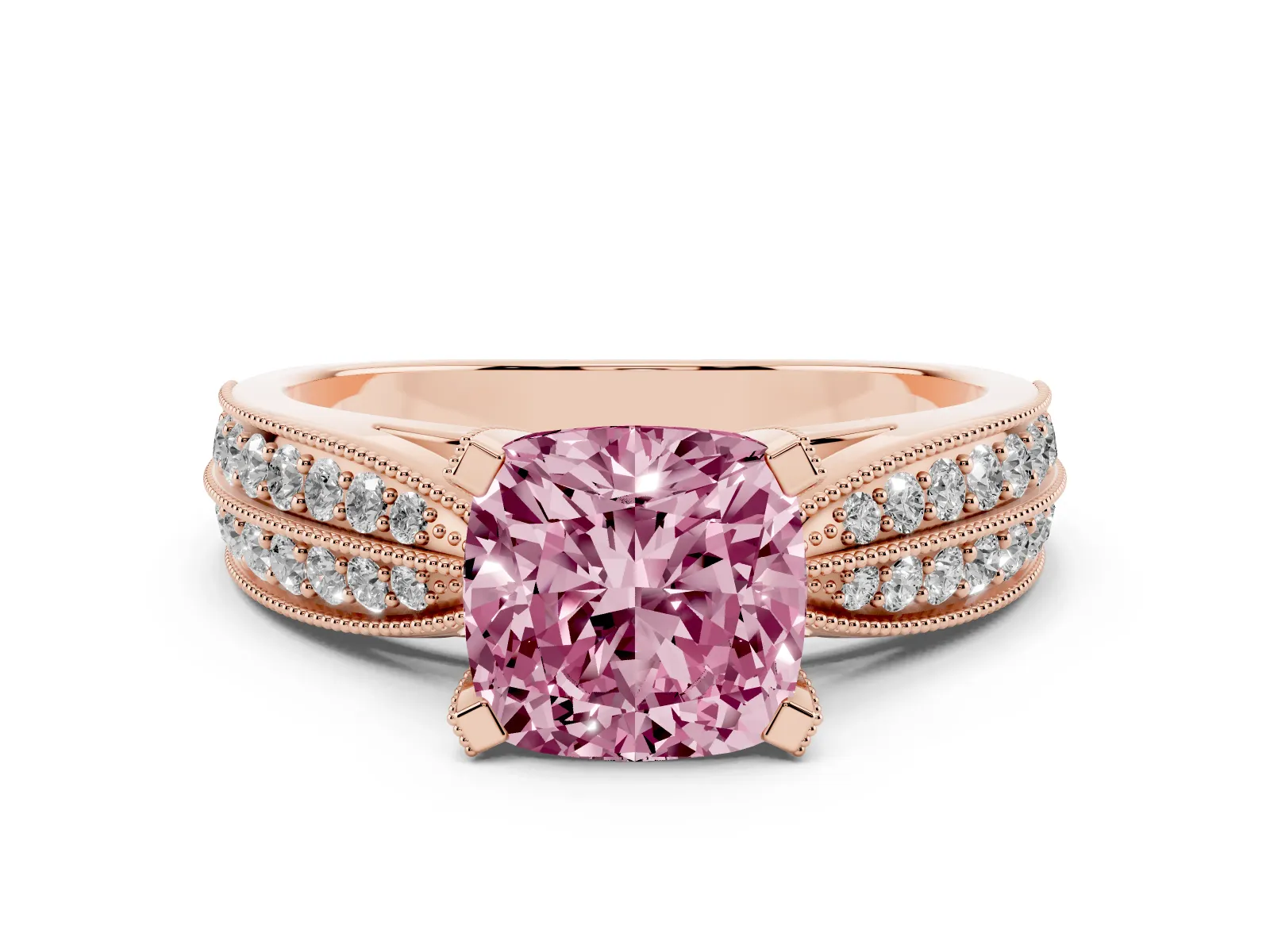 Fancy Pink Cushion Cut Diamond Solitaire Ring with Milgrain Round Pavé Band and Prong Setting Rose gold
