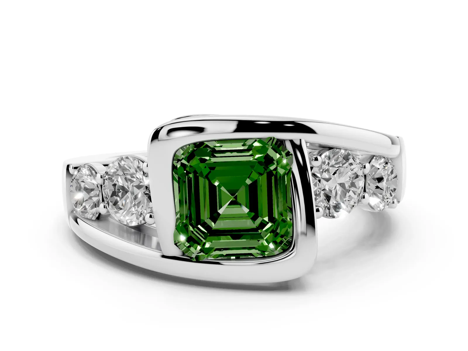 Fancy Green Bezel Set Asscher Cut Diamond Bypass Ring with Round Accents Platinum