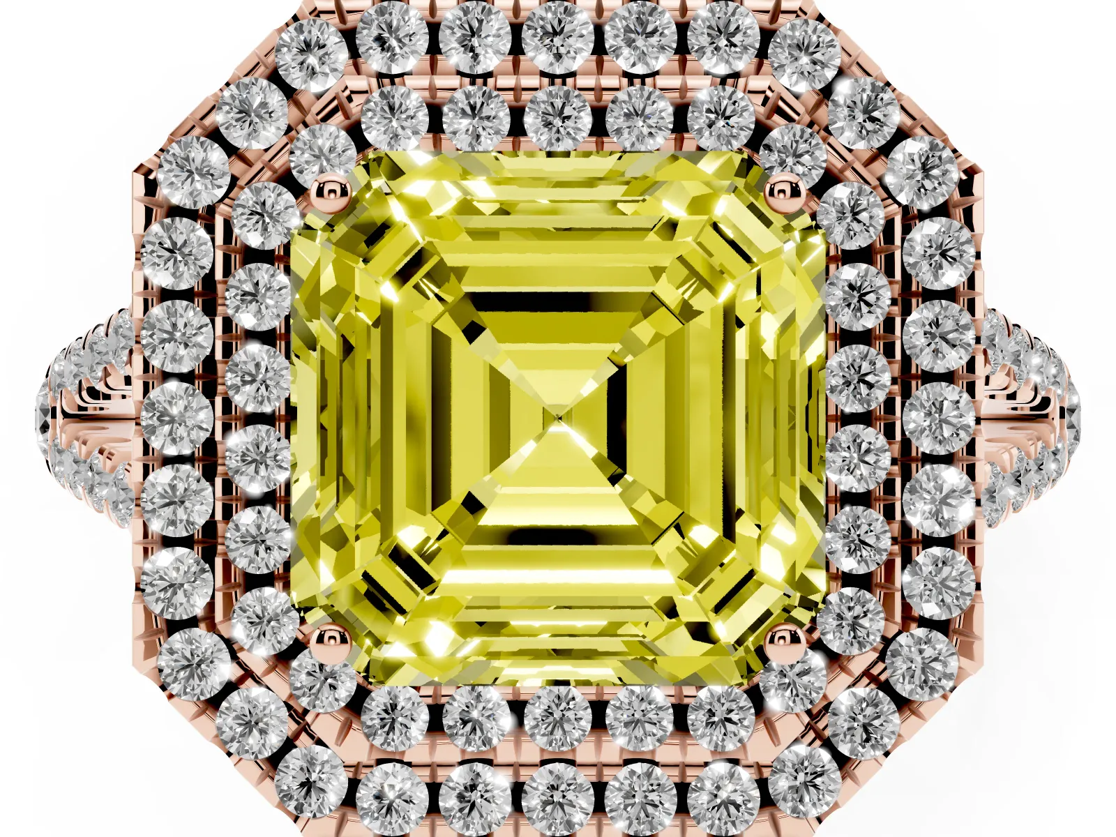 Fancy Yellow Asscher Cut Diamond Double Halo Ring with Pavé Band and Prong Setting Rose gold