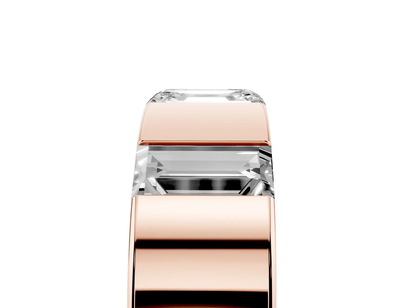 Emerald Cut Diamond Three-Stone Mens Ring with Baguette Side Stones Rose gold