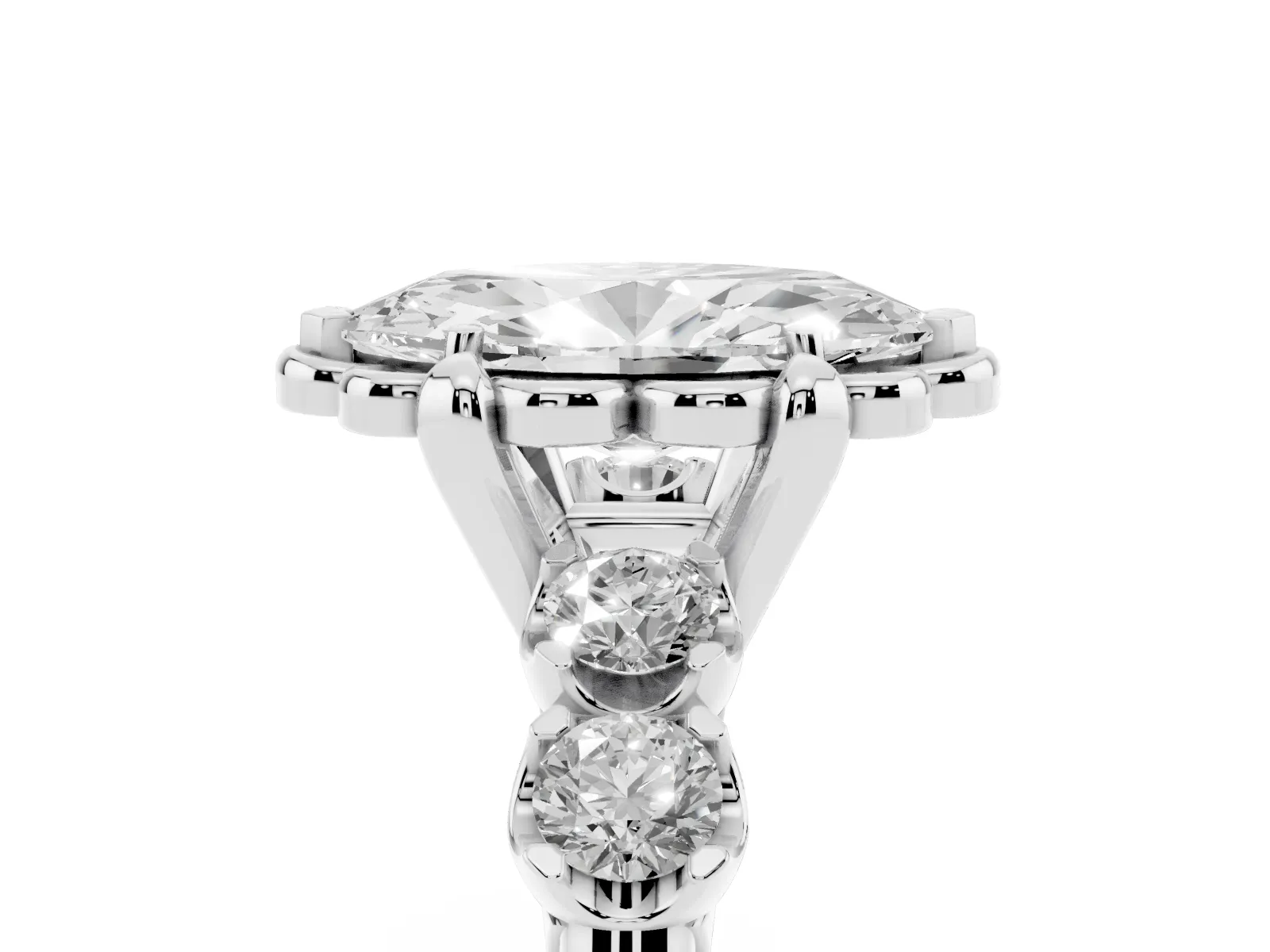 Marquise Cut Cut Diamond Floral Halo Engagement Ring with Shared Prong Setting Platinum