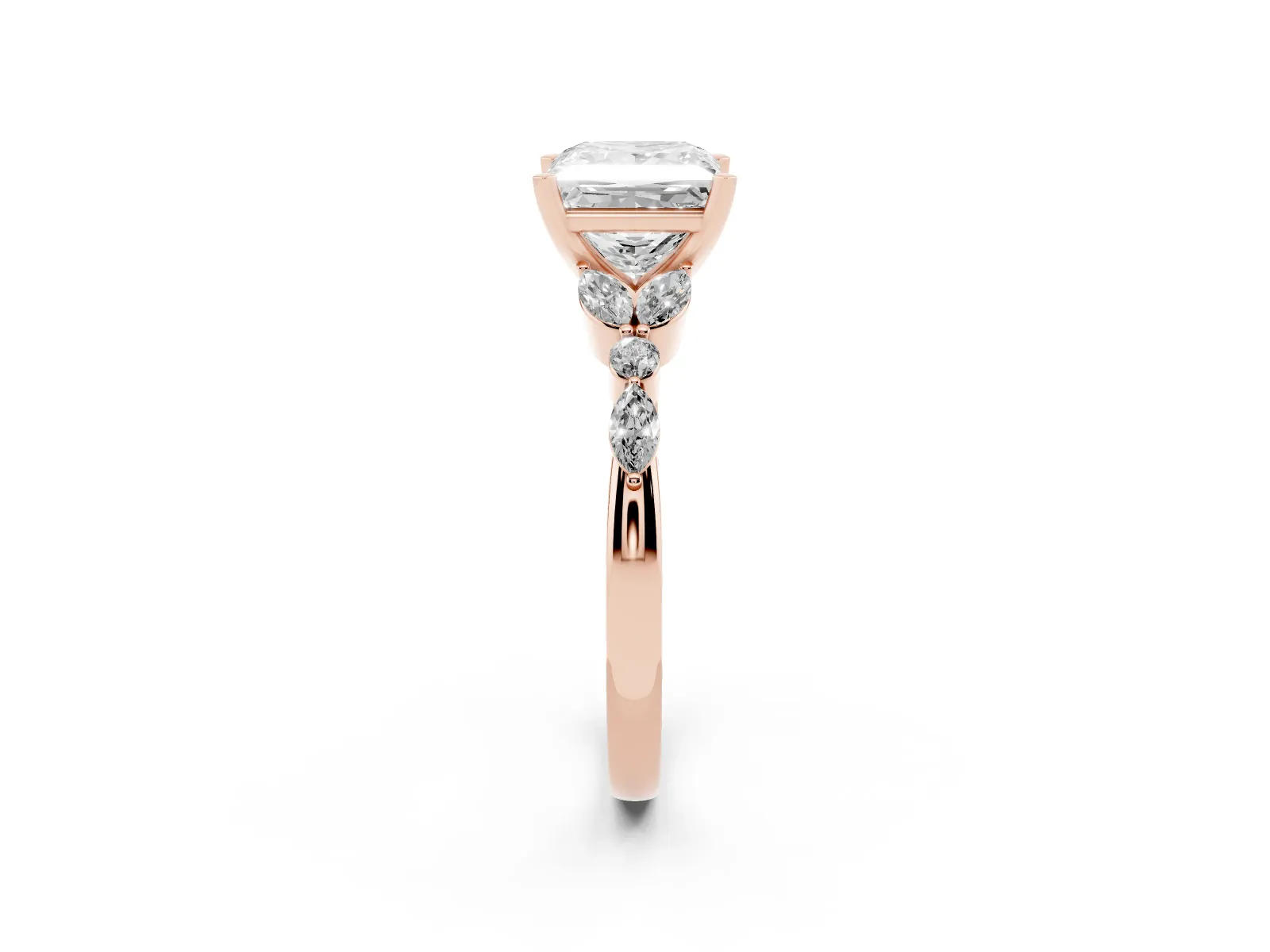 Princess Cut Diamond Solitaire Ring with Side Stones and Four-Prong Setting Rose gold