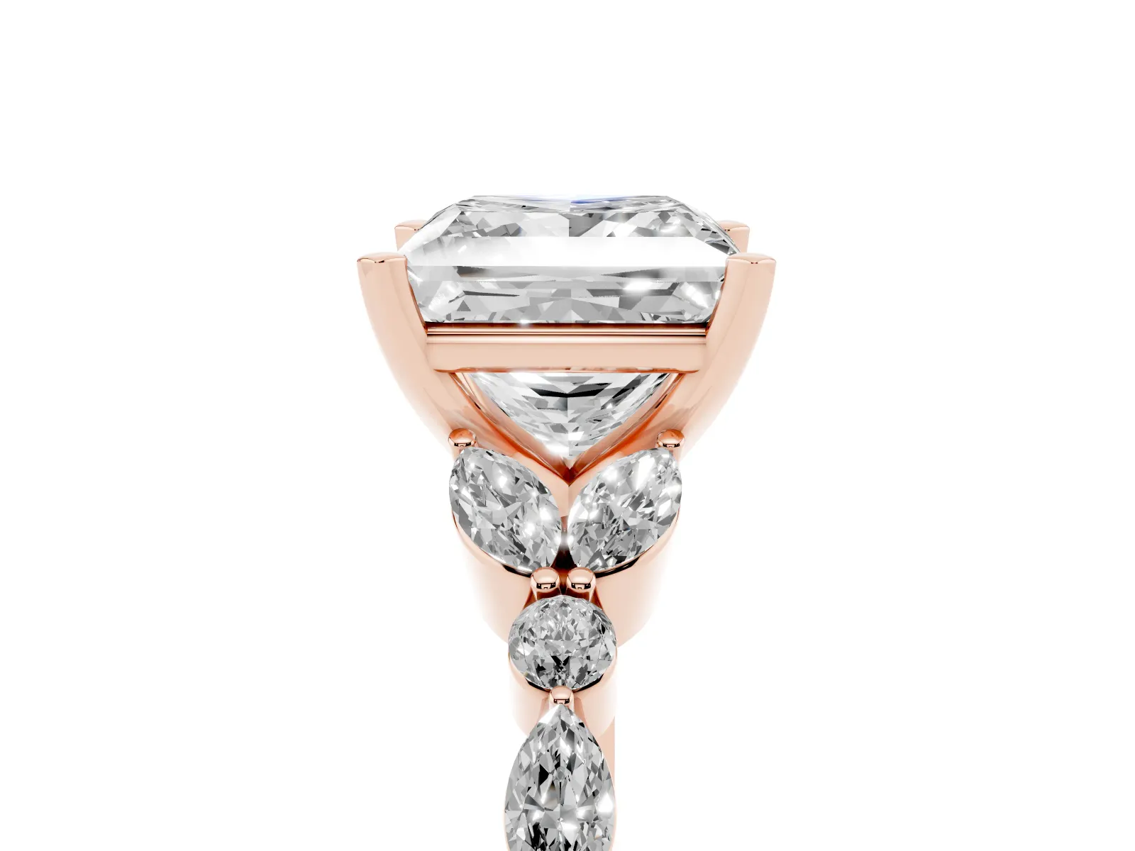 Princess Cut Diamond Solitaire Ring with Side Stones and Four-Prong Setting Rose gold