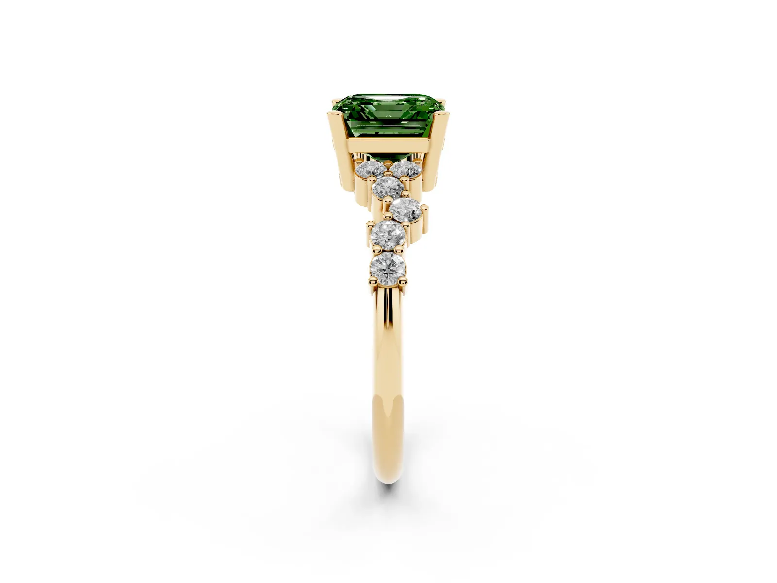 Fancy Green Asscher Cut Diamond Scattered Round Accent Ring with Prong Setting Yellow gold