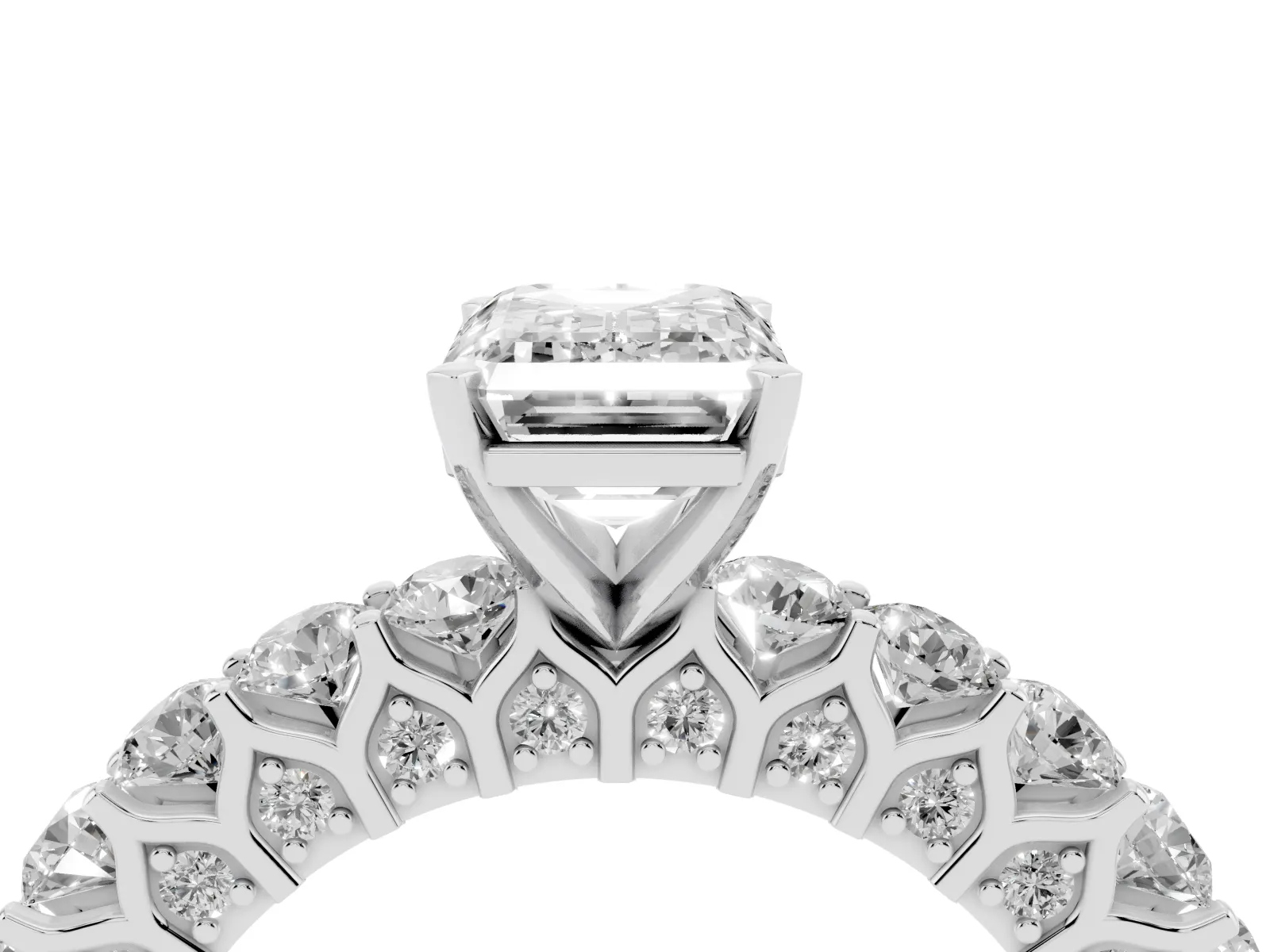Emerald Cut Diamond Solitaire Ring with Shared Prong Pavé Band and Four-Prong Setting White gold