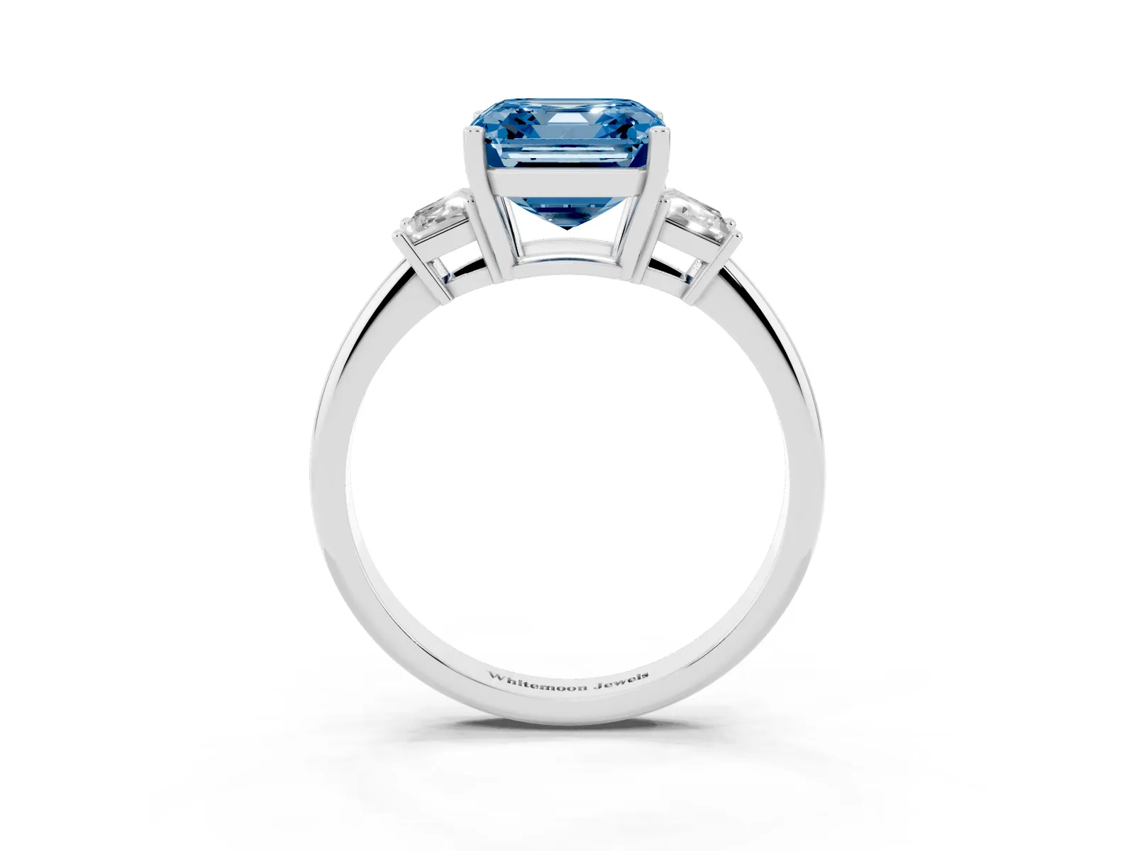 Fancy Blue Asscher Cut Diamond Three-Stone Ring with Trapezoid Side Stones and Prong Setting White gold
