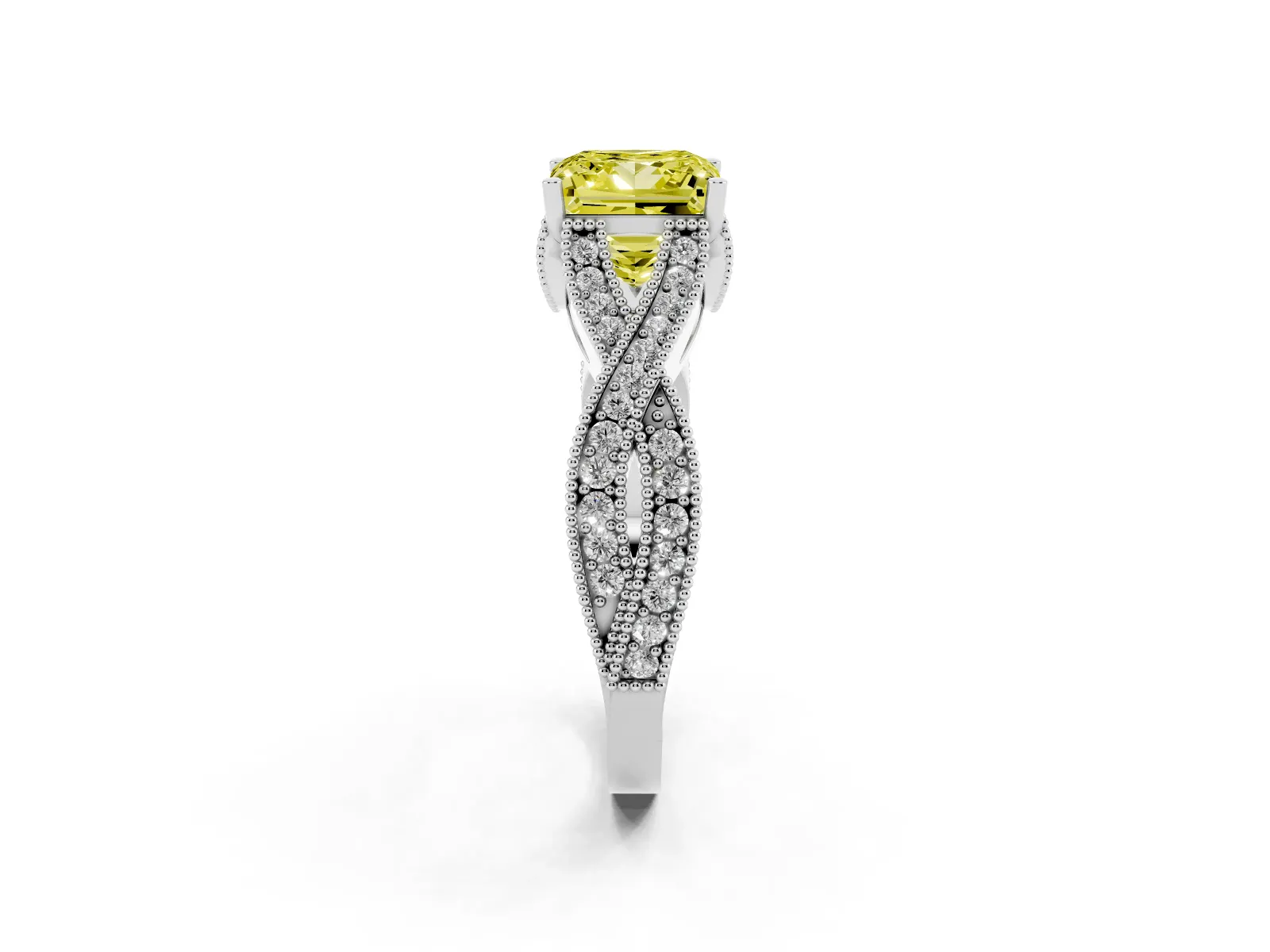 Fancy Yellow Princess Cut Cut Diamond Twisted Band with Milgrain Pave Setting and Four-Prong Setting Platinum