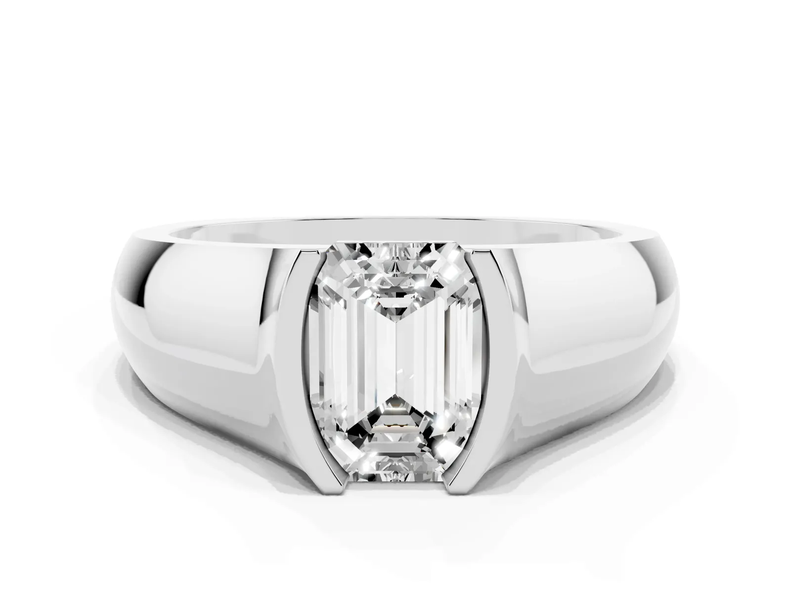 Emerald Cut Solitaire Bezel Set Diamond Ring with Wide Band Platinum