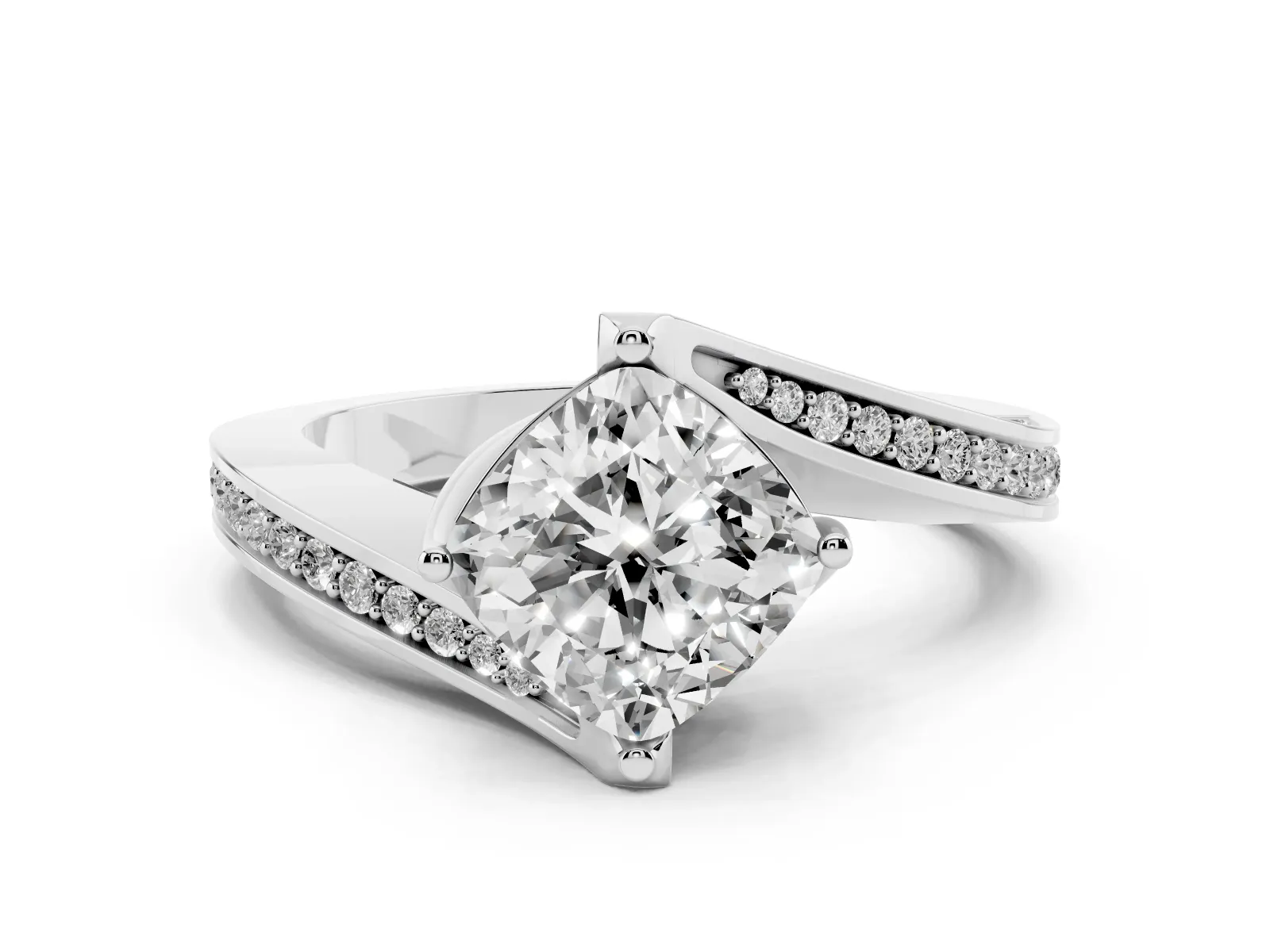 Cushion Cut Solitaire Diamond Twist Band with Pavé Setting and Four-Prong Setting Platinum