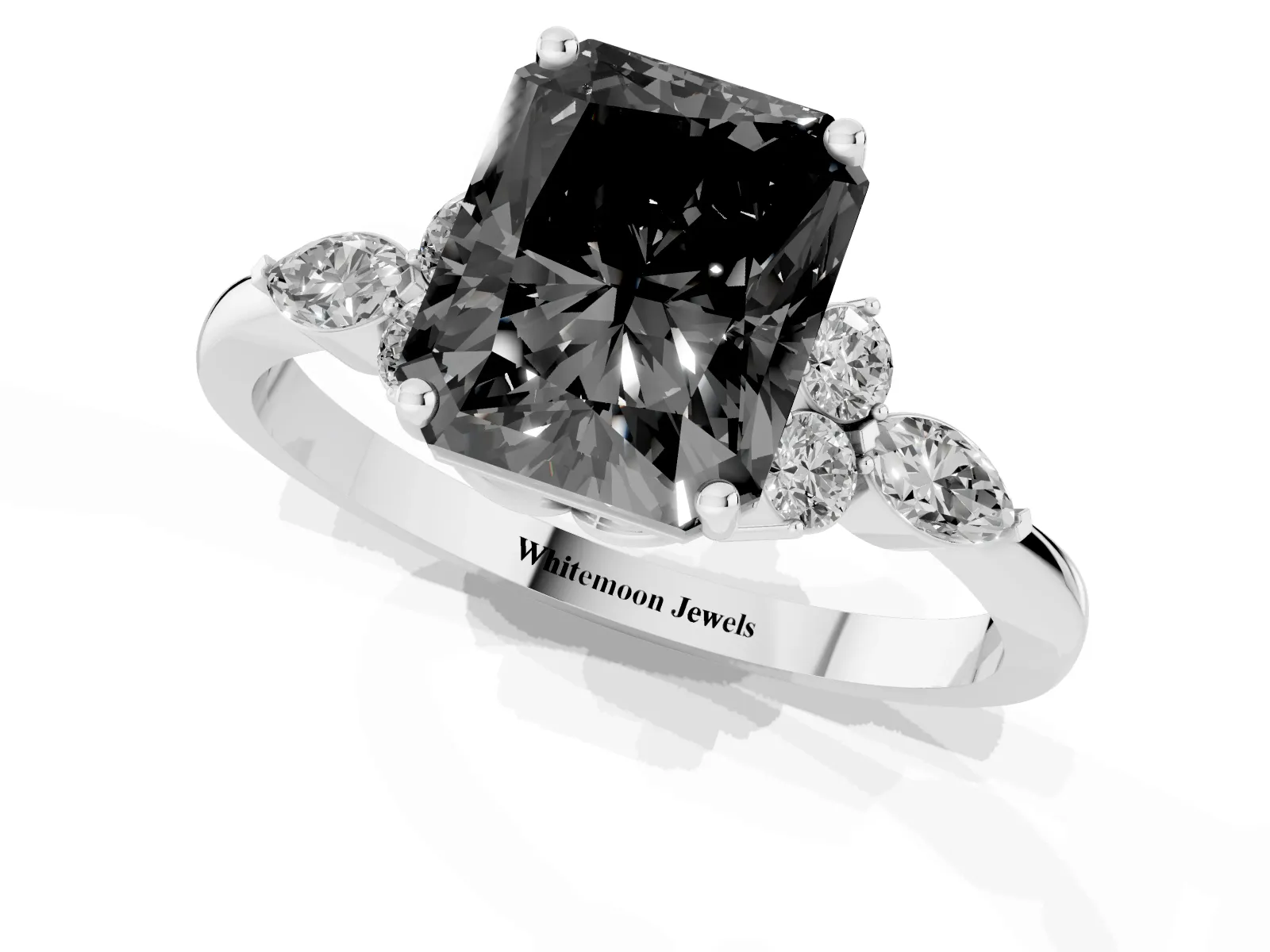 Fancy Black Radiant Cut Brilliant Diamond Solitaire Ring with Pear Side Stones and Four-Prong Setting White gold