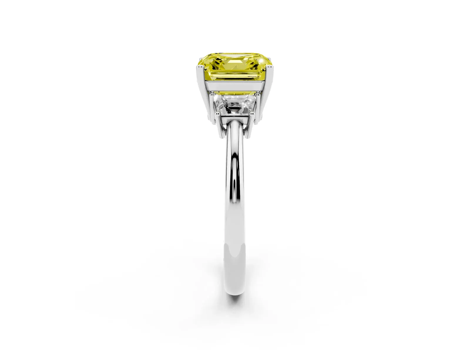 Fancy Yellow Asscher Cut Diamond Three-Stone Ring with Trapezoid Side Stones and Prong Setting White gold