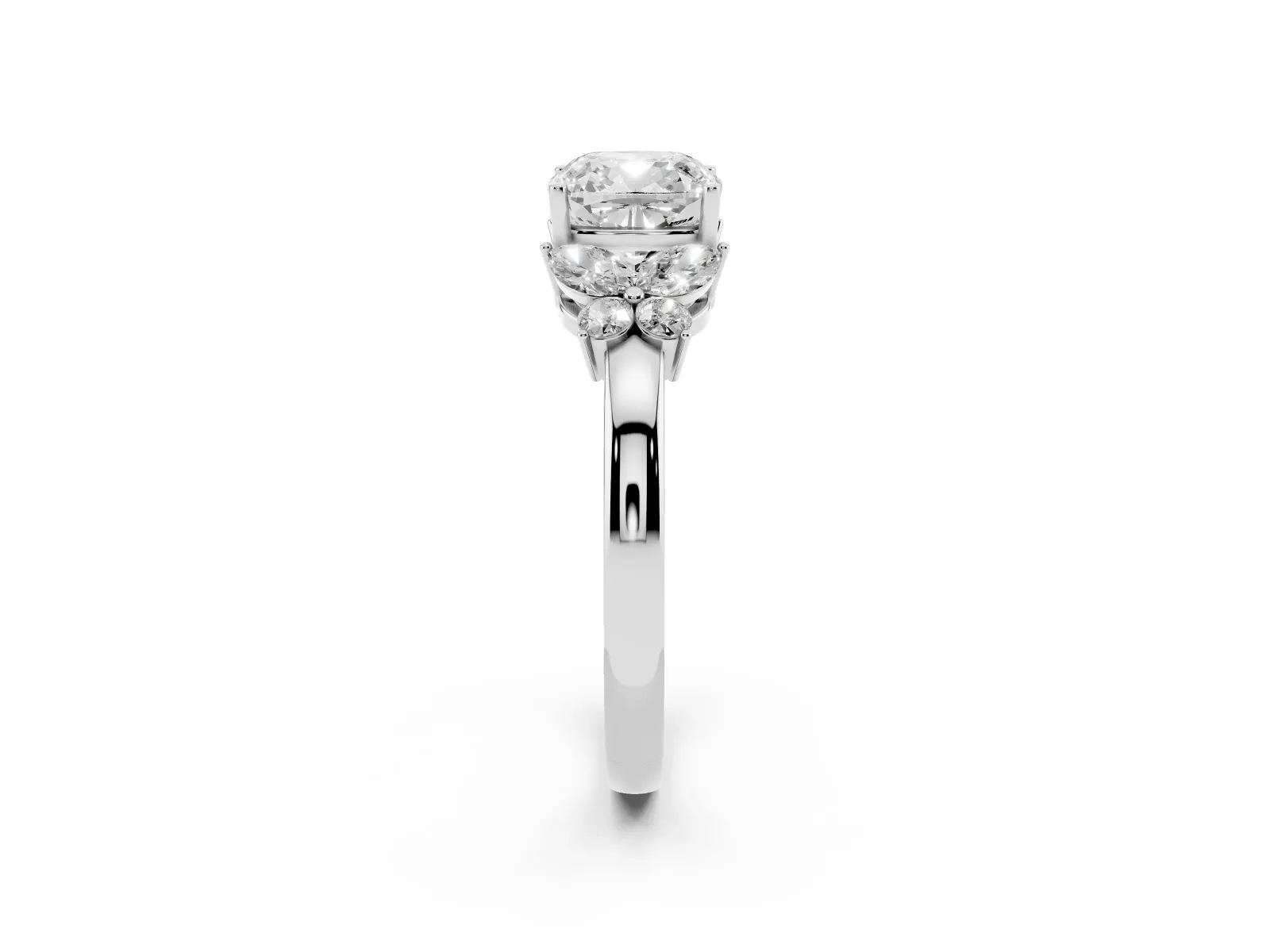 Cushion Cut Cut Solitaire Floral Diamond Ring with Four-Prong Setting Platinum