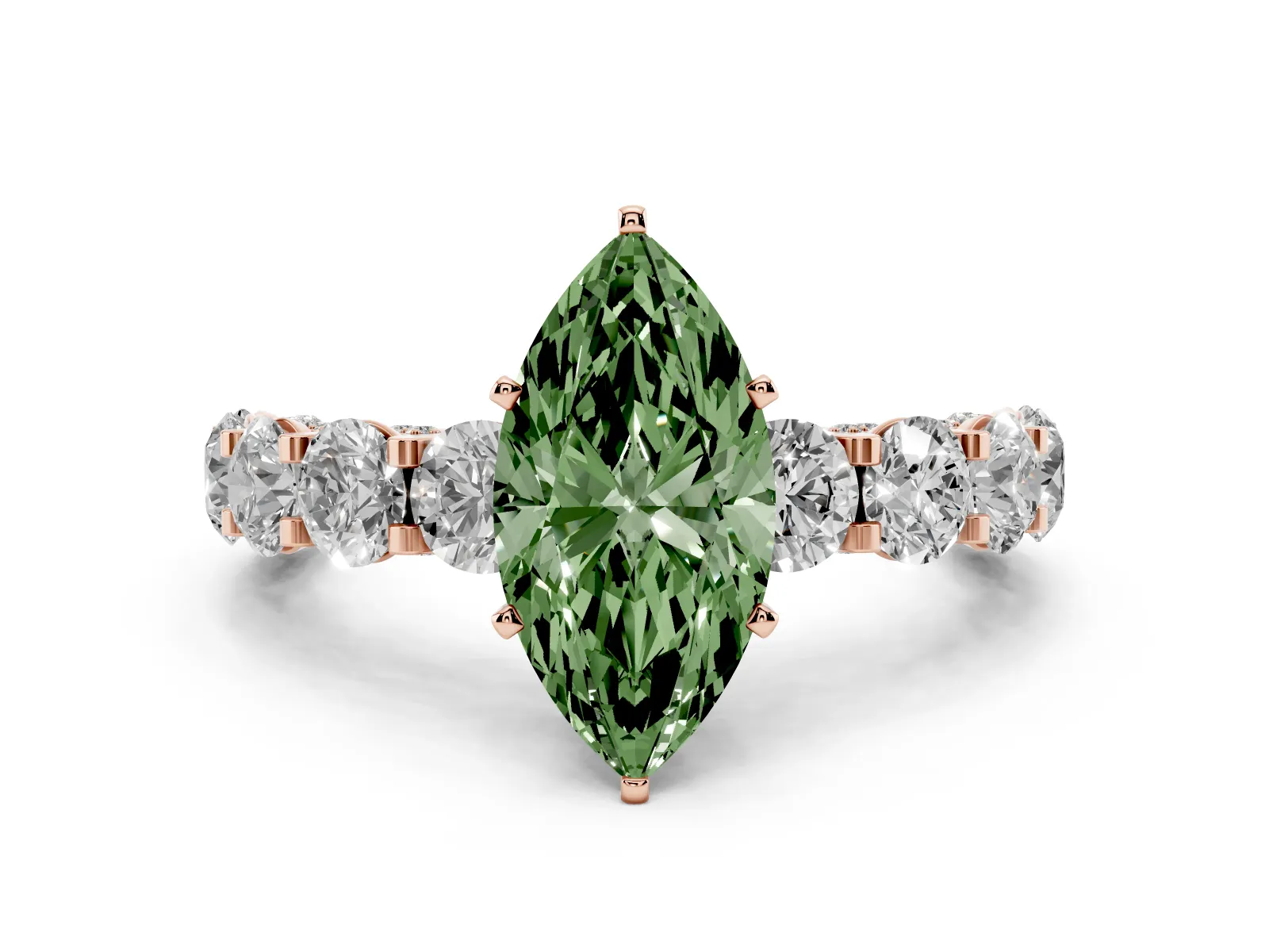 Fancy Green Marquise Cut Diamond Side Stone Engagement Ring with Four-Prong Setting Rose gold