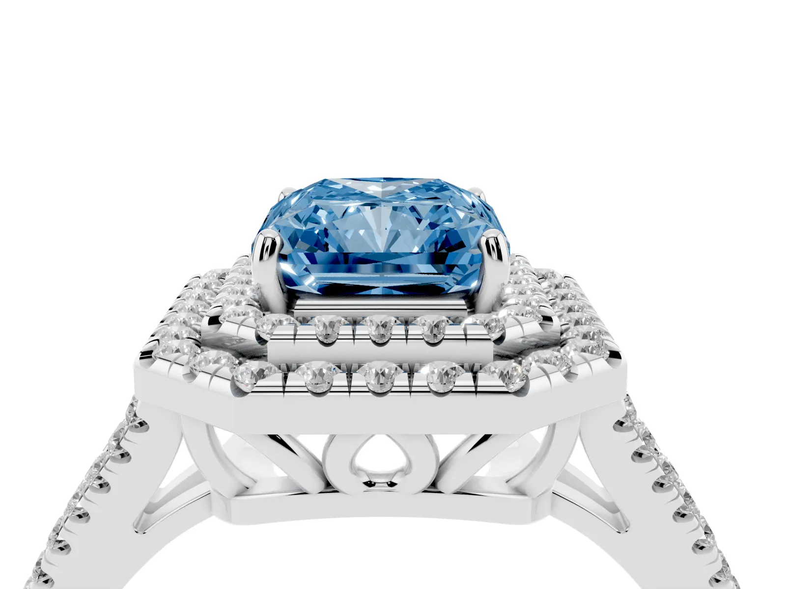Fancy Blue Radiant Cut Diamond Double Halo Ring with Pavé Band and Prong Setting Platinum