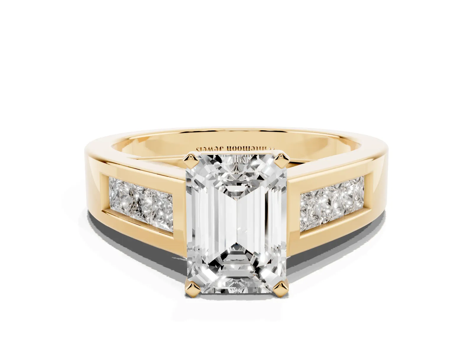 Emerald Cut Cut Channel Set Solitaire Ring with Four-Prong Setting Yellow gold