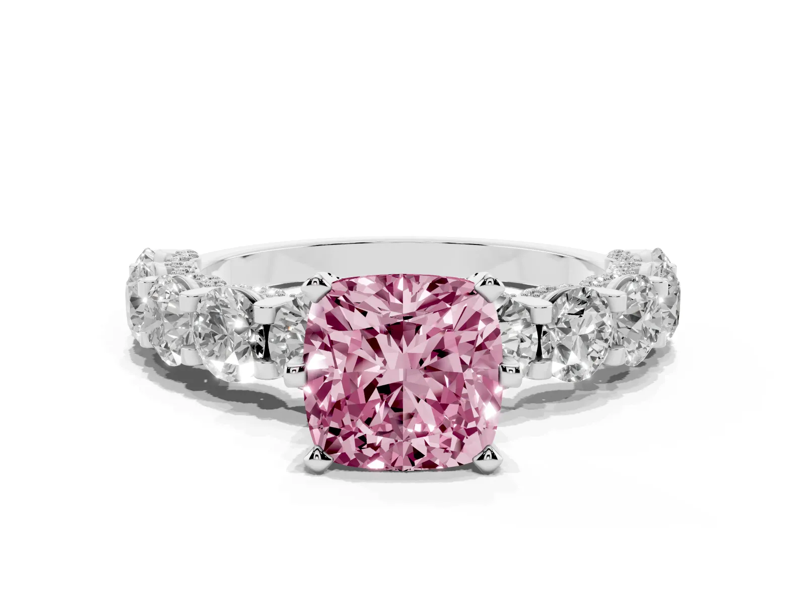 Fancy Pink Cushion Cut Diamond Side Stone Engagement Ring with Four-Prong Setting Platinum