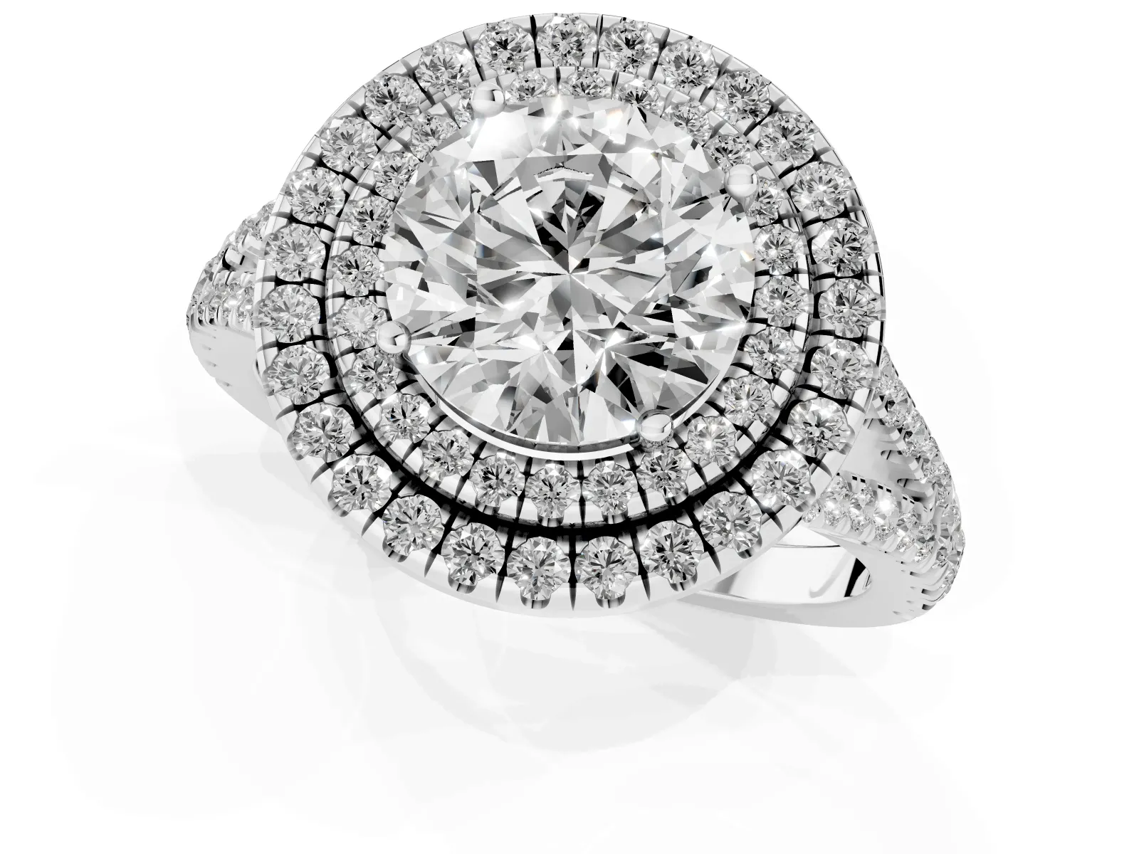 Round Cut Diamond Double Halo Ring with Pavé Band and Prong Setting Platinum